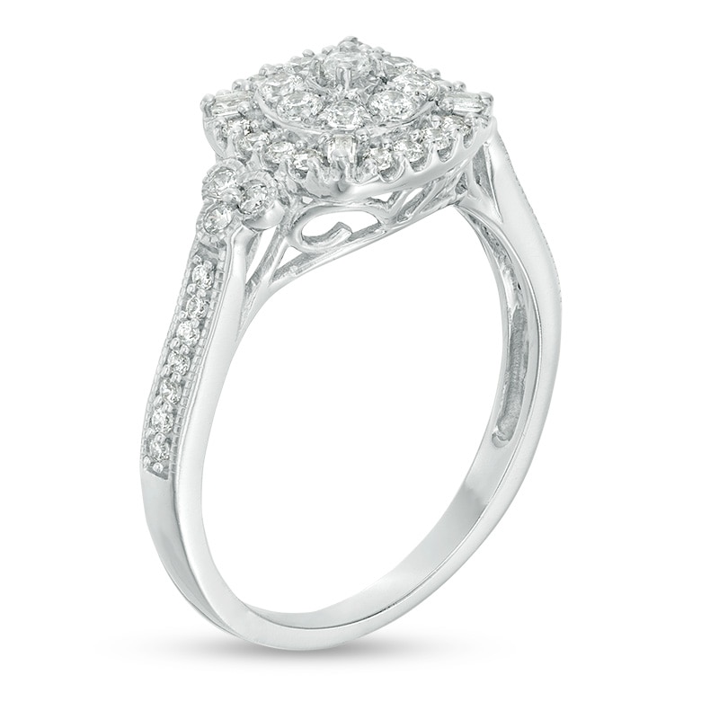 Main Image 2 of Previously Owned - 1/2 CT. T.W. Composite Diamond Cushion Frame Vintage-Style Tri-Sides Ring in 10K White Gold