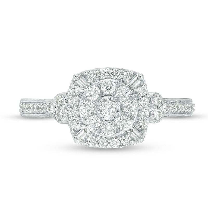 Main Image 3 of Previously Owned - 1/2 CT. T.W. Composite Diamond Cushion Frame Vintage-Style Tri-Sides Ring in 10K White Gold