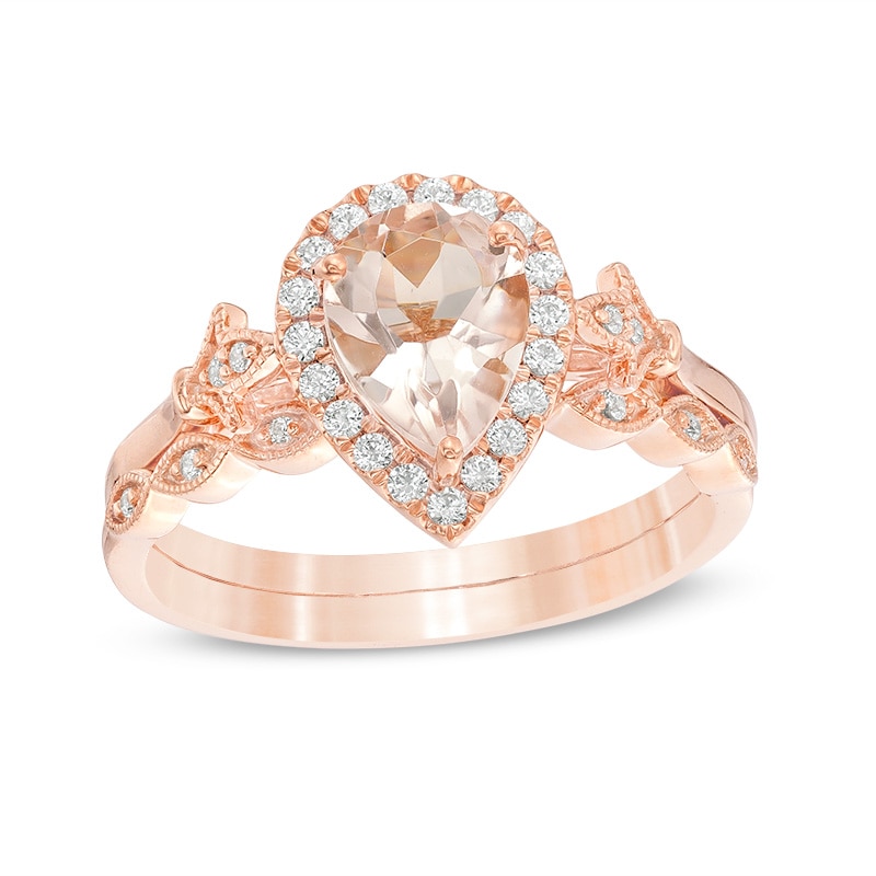 Main Image 1 of Previously Owned - Pear-Shaped Morganite and 1/5 CT. T.W. Diamond Frame Fleur-de-Lis Bridal Set in 10K Rose Gold