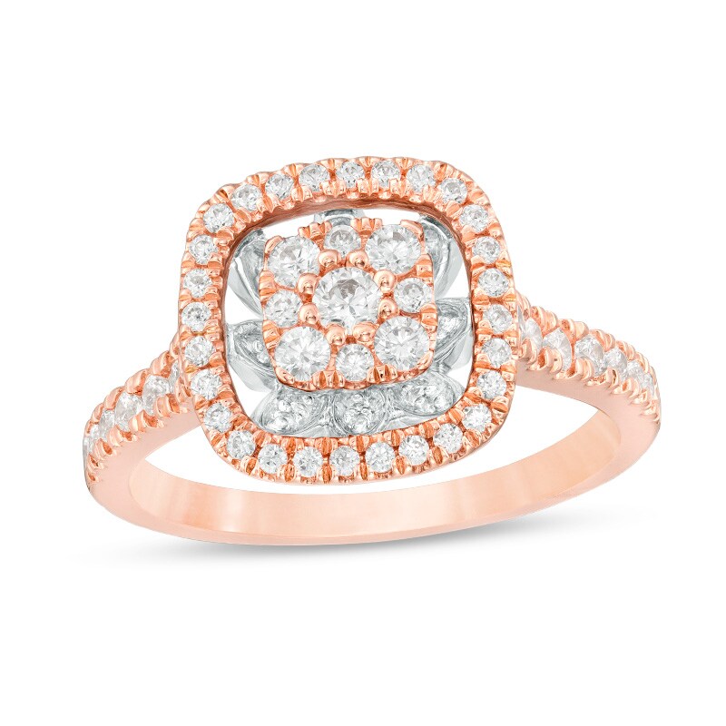 Main Image 1 of Previously Owned - 3/4 CT. T.W. Composite Diamond Flower Cushion Frame Ring in 10K Rose Gold