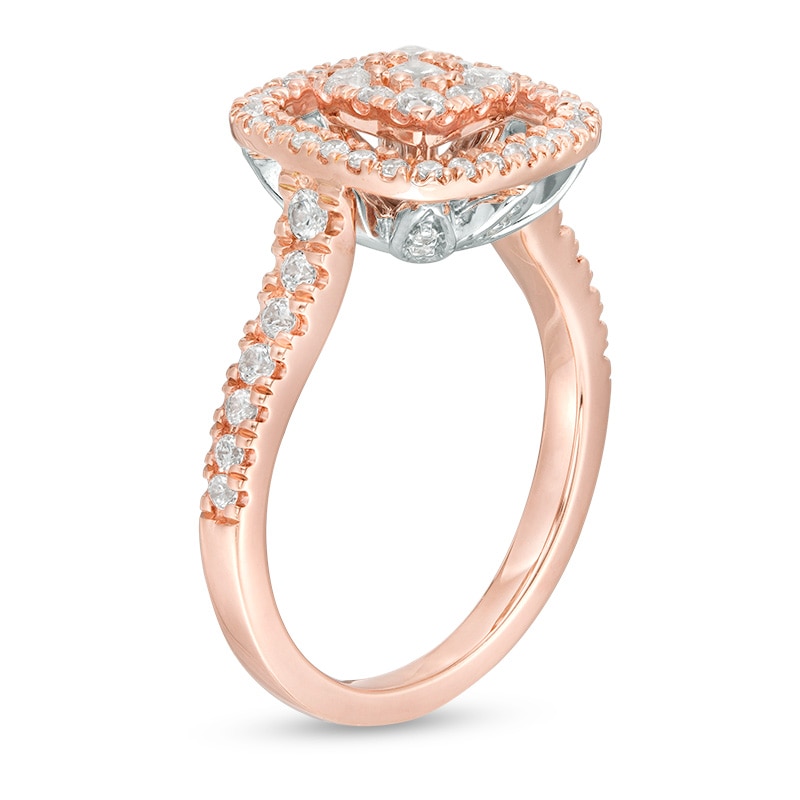 Main Image 2 of Previously Owned - 3/4 CT. T.W. Composite Diamond Flower Cushion Frame Ring in 10K Rose Gold