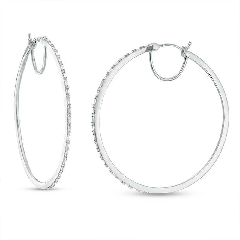 Main Image 1 of Previously Owned - 1/2 CT. T.W. Baguette and Round Diamond Alternating Hoop Earrings in 10K White Gold