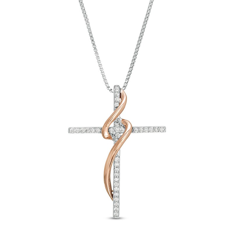 Main Image 1 of Previously Owned - 1/10 CT. T.W. Diamond Cross Ribbon Pendant in Sterling Silver and 10K Rose Gold