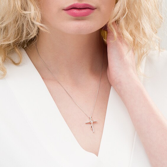 Previously Owned - 1/10 CT. T.w. Diamond Cross Ribbon Pendant in Sterling Silver and 10K Rose Gold