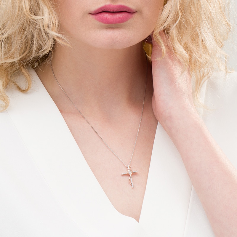 Main Image 2 of Previously Owned - 1/10 CT. T.W. Diamond Cross Ribbon Pendant in Sterling Silver and 10K Rose Gold