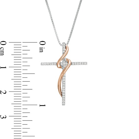 Previously Owned - 1/10 CT. T.w. Diamond Cross Ribbon Pendant in Sterling Silver and 10K Rose Gold