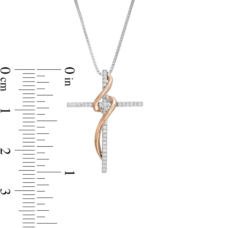 Main Image 3 of Previously Owned - 1/10 CT. T.W. Diamond Cross Ribbon Pendant in Sterling Silver and 10K Rose Gold