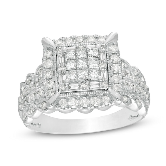 Previously Owned - 1 CT. T.w. Composite Diamond Cushion Frame Vintage-Style Engagement Ring in 10K White Gold