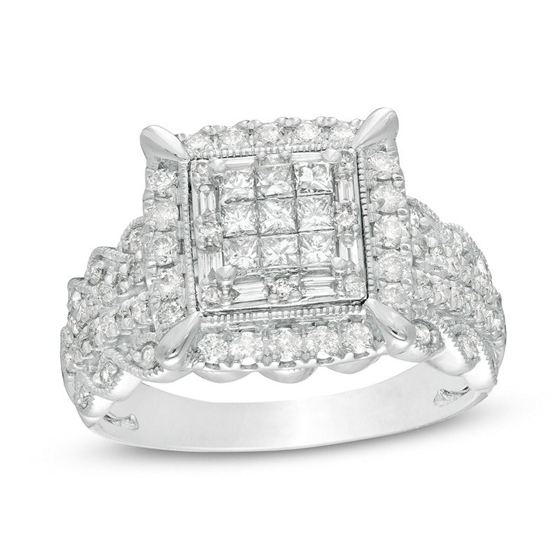 Main Image 1 of Previously Owned - 1 CT. T.W. Composite Diamond Cushion Frame Vintage-Style Engagement Ring in 10K White Gold