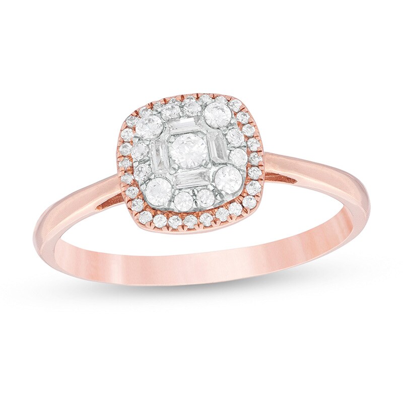 Main Image 1 of Previously Owned - 1/4 CT. T.W. Baguette and Round Composite Diamond Cushion Frame Ring in 10K Rose Gold