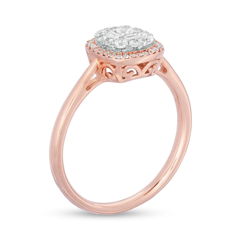 Main Image 2 of Previously Owned - 1/4 CT. T.W. Baguette and Round Composite Diamond Cushion Frame Ring in 10K Rose Gold