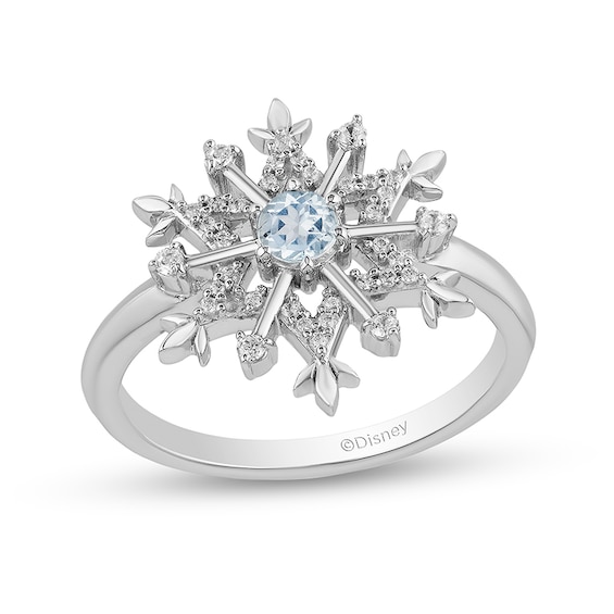 Previously Owned - Enchanted Disney Elsa Aquamarine and 1/8 CT. T.w. Diamond Snowflake Ring in Sterling Silver