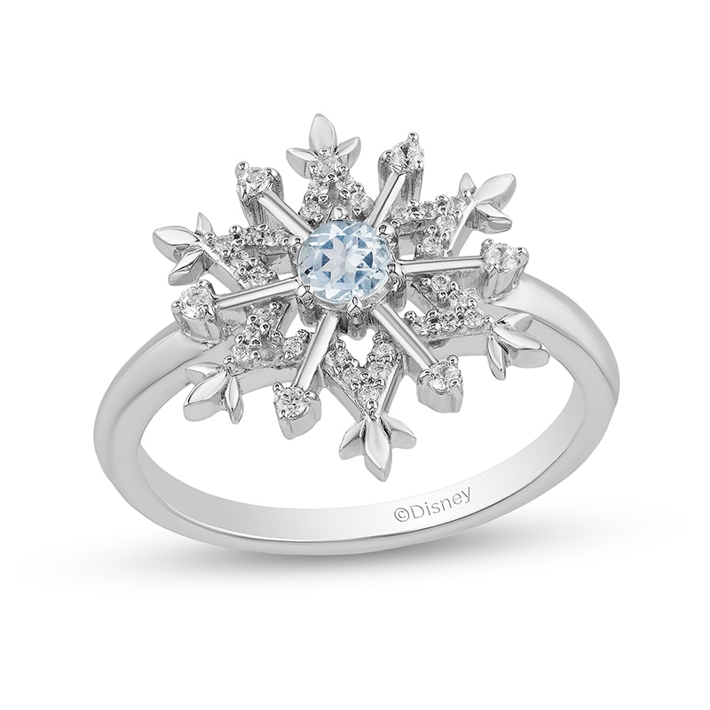 Main Image 1 of Previously Owned - Enchanted Disney Elsa Aquamarine and 1/8 CT. T.W. Diamond Snowflake Ring in Sterling Silver