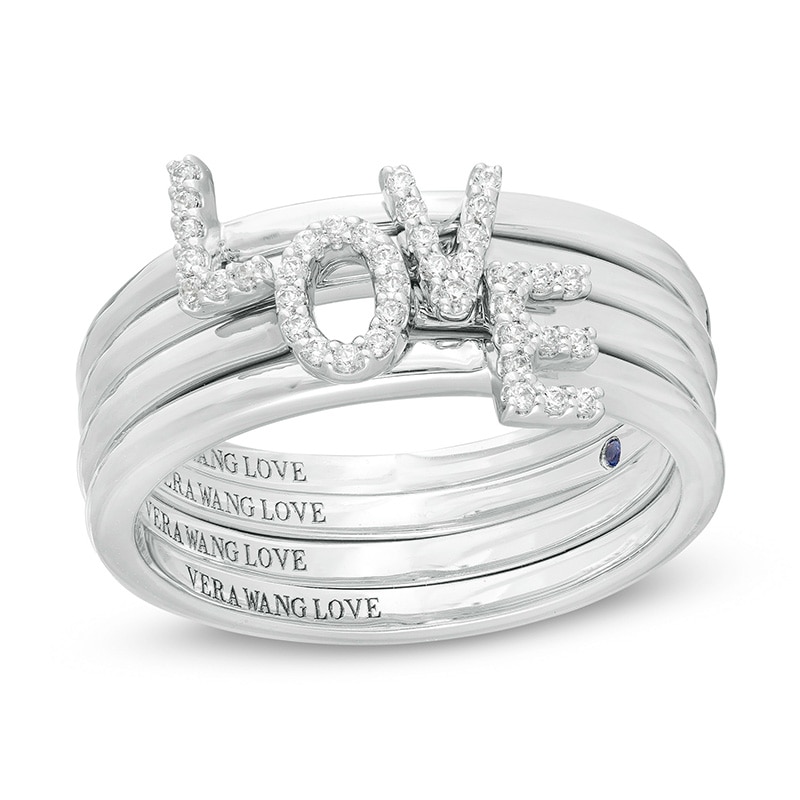 Main Image 1 of Previously Owned - Vera Wang Love Collection 1/10 CT. T.W. Diamond "LOVE" Stackable Band Set in Sterling Silver