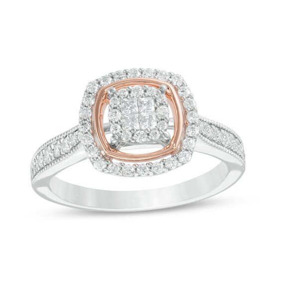 Previously Owned - 1/2 CT. T.w. Quad Princess-Cut Diamond Double Frame Twist Vintage-Style Ring in 10K Two-Tone Gold