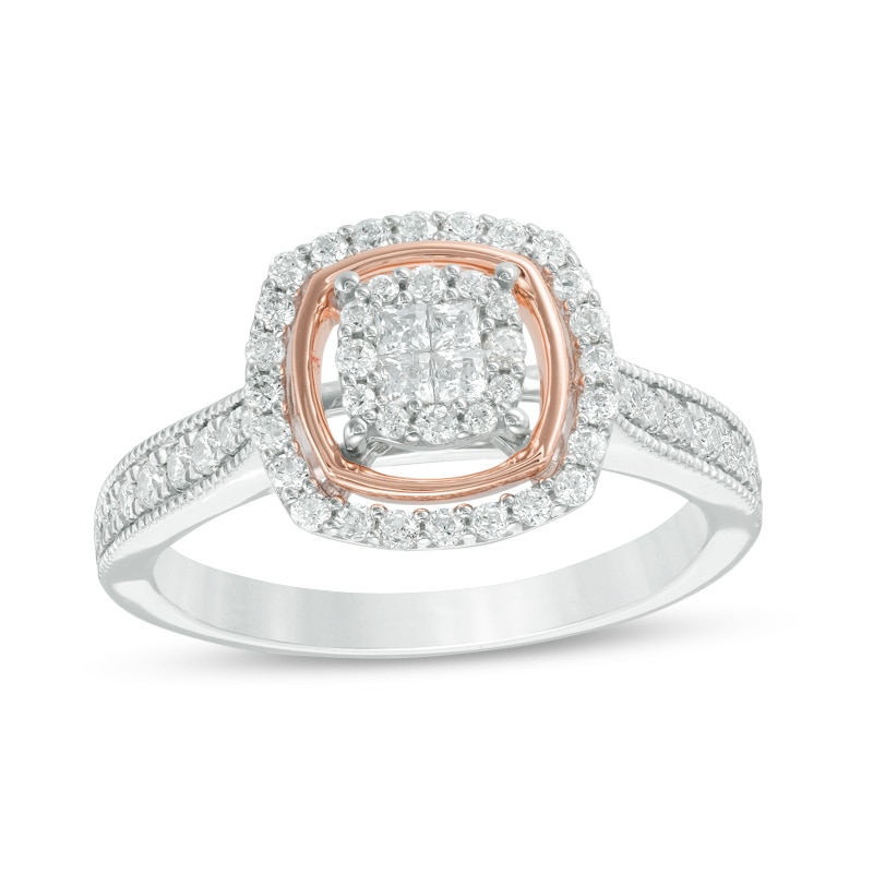 Main Image 1 of Previously Owned - 1/2 CT. T.W. Quad Princess-Cut Diamond Double Frame Twist Vintage-Style Ring in 10K Two-Tone Gold