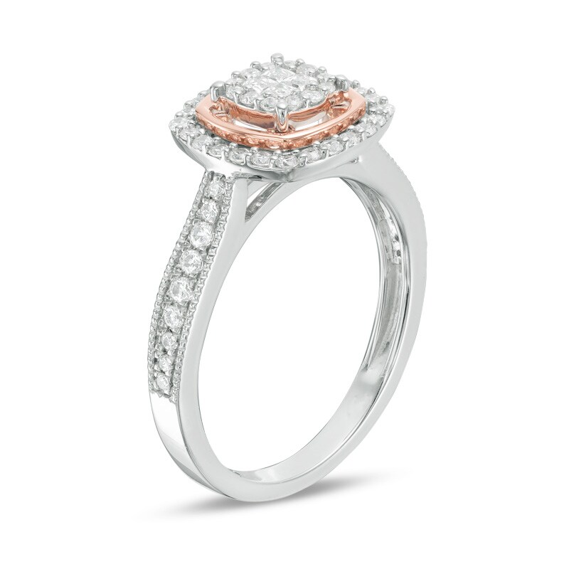 Main Image 2 of Previously Owned - 1/2 CT. T.W. Quad Princess-Cut Diamond Double Frame Twist Vintage-Style Ring in 10K Two-Tone Gold