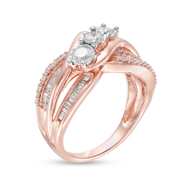 Main Image 3 of Previously Owned - 1 CT. T.W. Diamond Past Present Future® Slant Bypass Engagement Ring in 10K Rose Gold