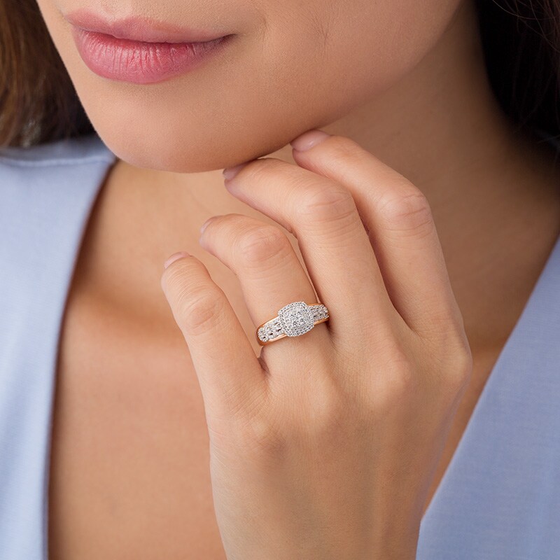 Main Image 3 of Previously Owned - 1/2 CT. T.W. Diamond Double Cushion Frame Ring in 10K Two-Tone Gold