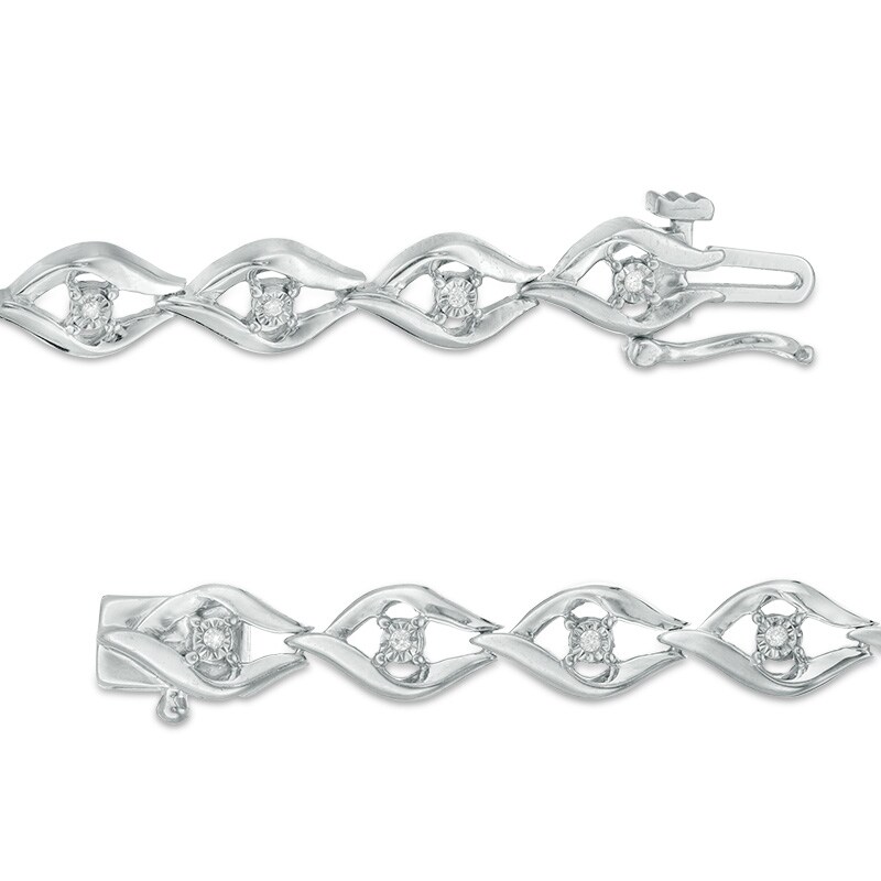Main Image 3 of Previously Owned - 1/10 CT. T.W. Diamond Open Flame Link Bracelet in Sterling Silver - 7.25"