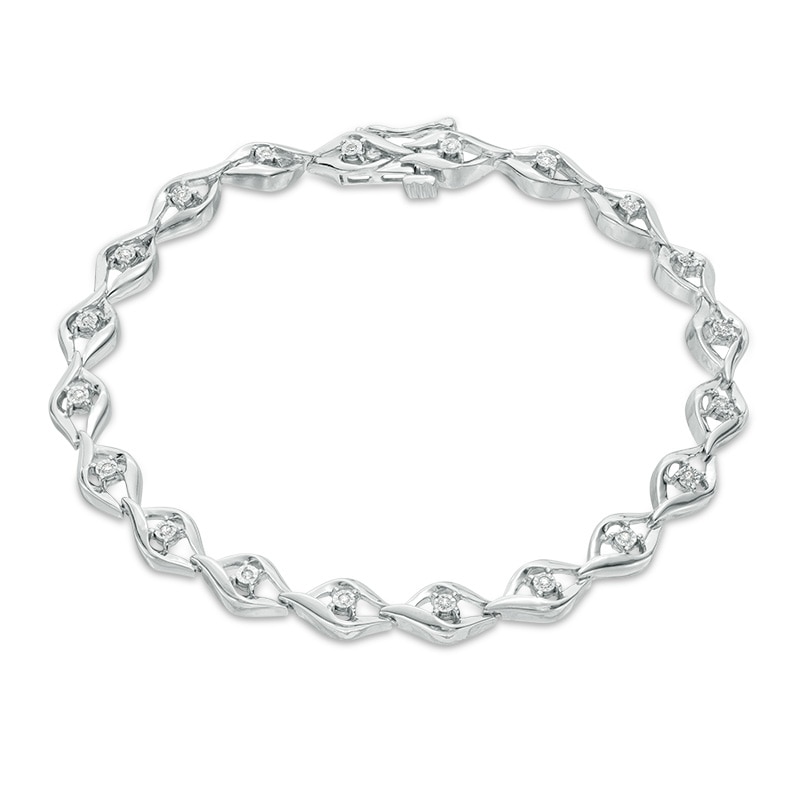 Main Image 4 of Previously Owned - 1/10 CT. T.W. Diamond Open Flame Link Bracelet in Sterling Silver - 7.25"