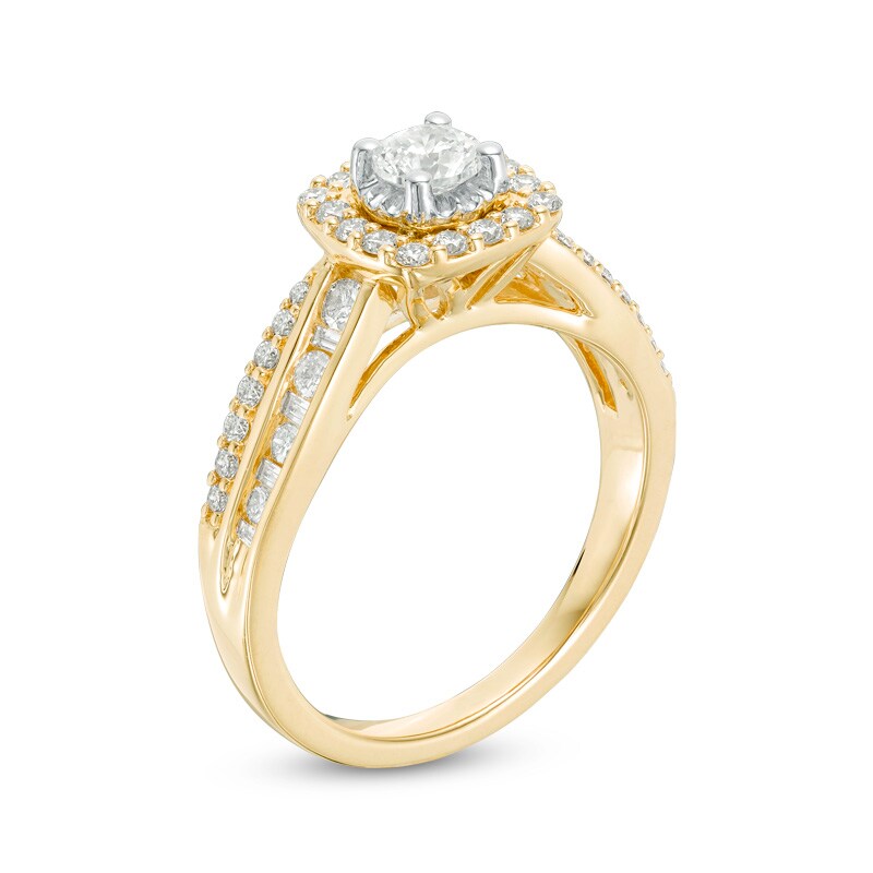 Main Image 2 of Previously Owned - 7/8 CT. T.W. Diamond Cushion Frame Engagement Ring in 14K Gold
