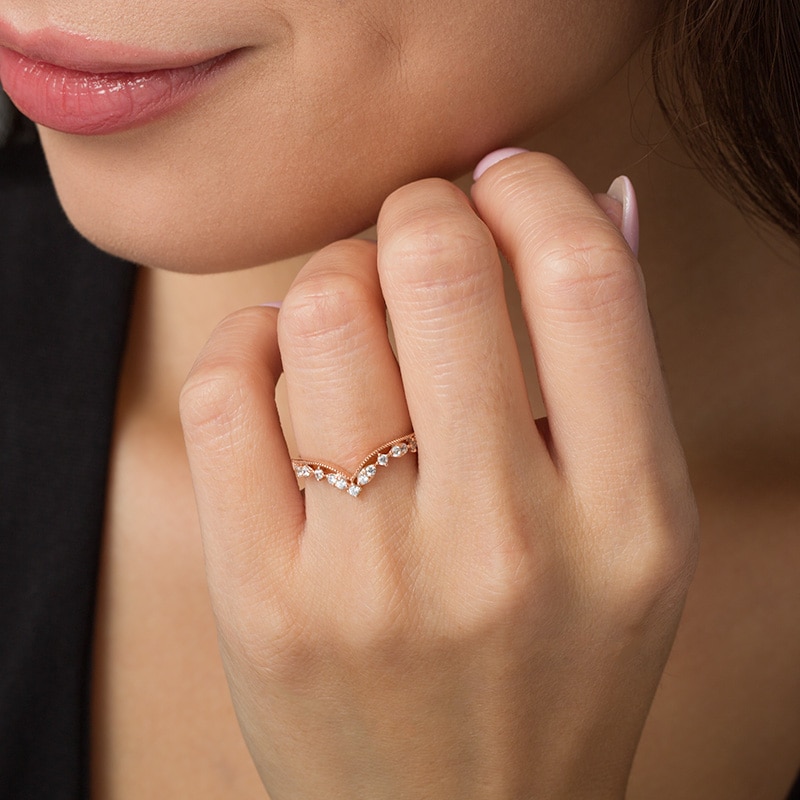 Main Image 2 of Previously Owned - 1/5 CT. T.W. Diamond Chevron Vintage-Style Anniversary Band in 10K Rose Gold