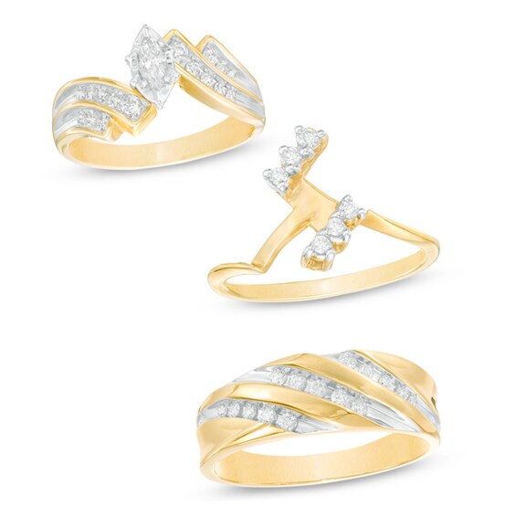 Previously Owned - 3/4 CT. T.w. Diamond Bypass Slant Wedding Ensemble in 14K Gold