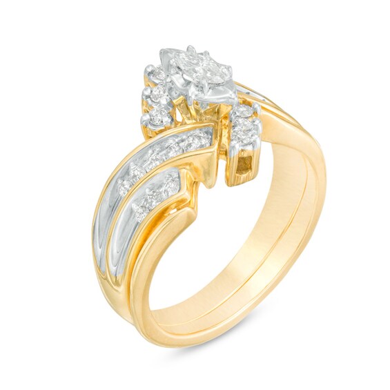 Previously Owned - 3/4 CT. T.w. Diamond Bypass Slant Wedding Ensemble in 14K Gold