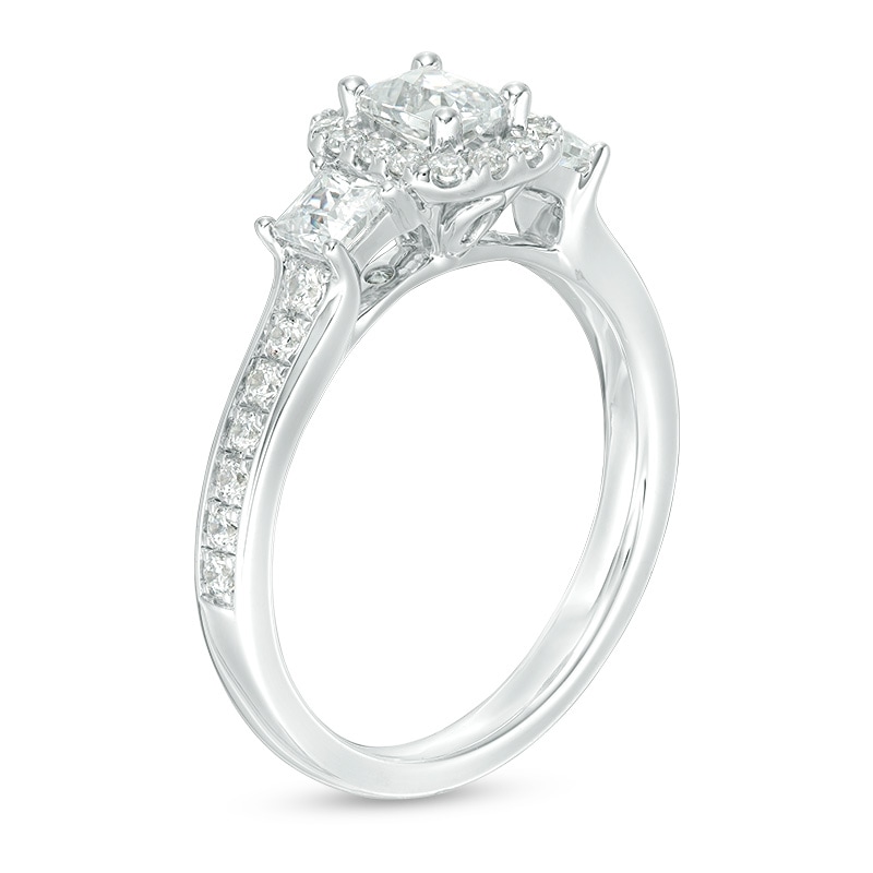 Main Image 2 of Previously Owned - 1 CT. T.W. Emerald-Cut Diamond Frame Past Present Future® Engagement Ring in 14K White Gold