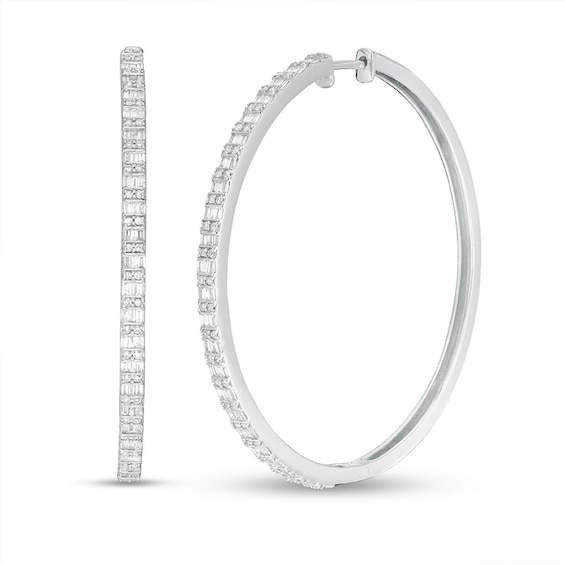 Previously Owned - 1 CT. T.w. Baguette and Round Diamond Alternating Double Row Hoop Earrings in 10K White Gold