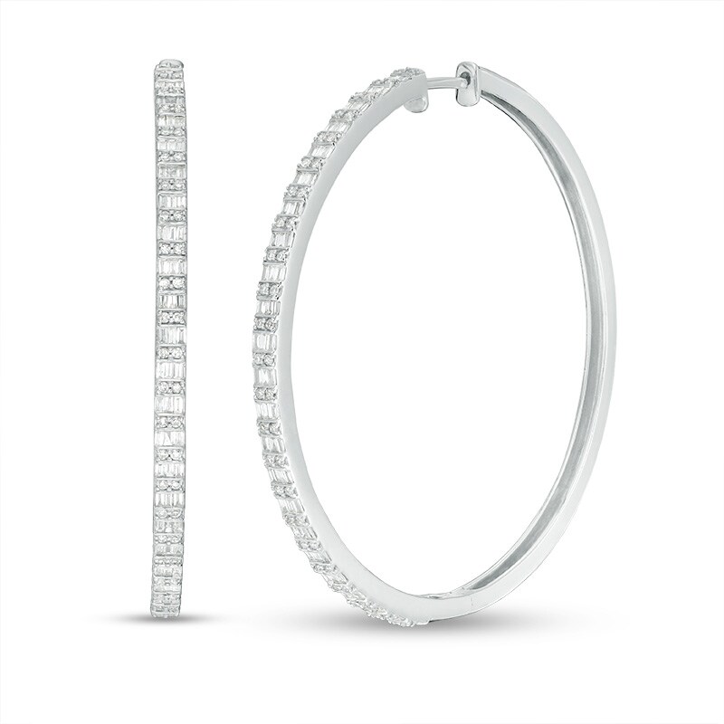 Main Image 1 of Previously Owned - 1 CT. T.W. Baguette and Round Diamond Alternating Double Row Hoop Earrings in 10K White Gold