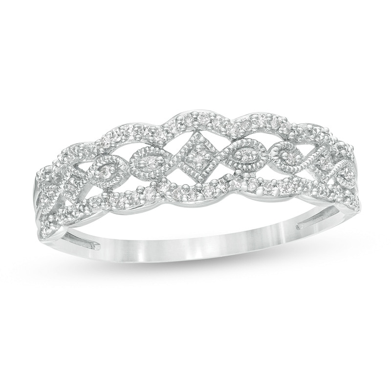 Main Image 1 of Previously Owned - 1/15 CT. T.W. Diamond Scallop Vintage-Style Anniversary Ring in 10K White Gold