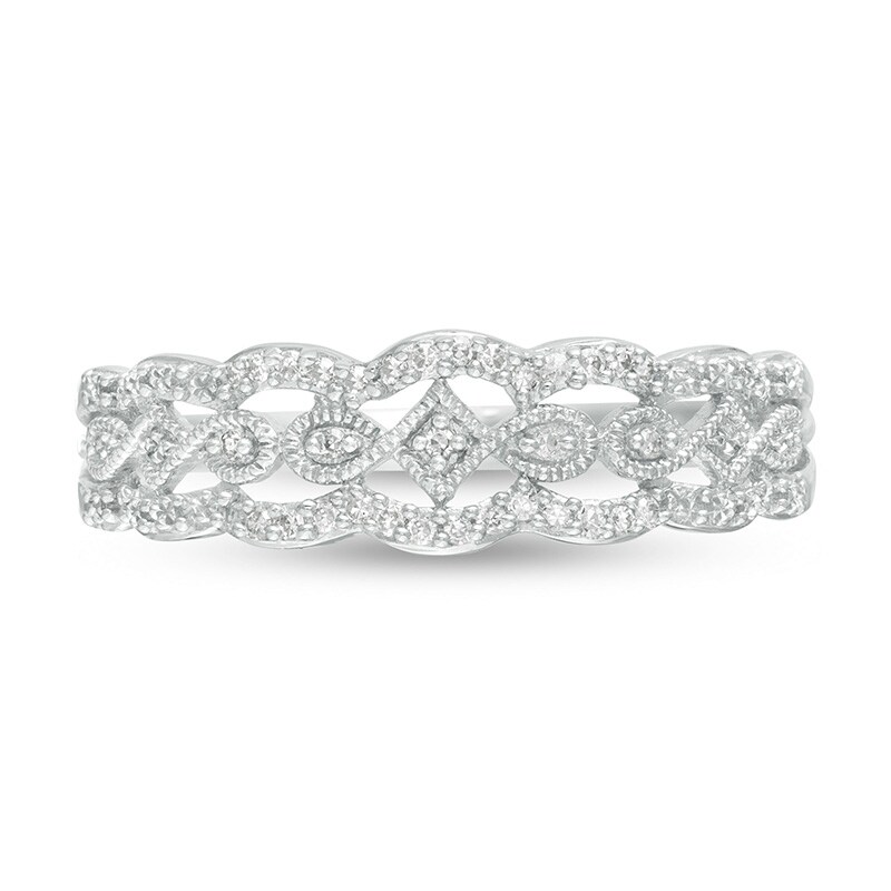 Main Image 4 of Previously Owned - 1/15 CT. T.W. Diamond Scallop Vintage-Style Anniversary Ring in 10K White Gold