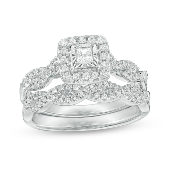 Previously Owned - 5/8 CT. T.w. Princess-Cut Diamond Frame Twist Bridal Set in 10K White Gold