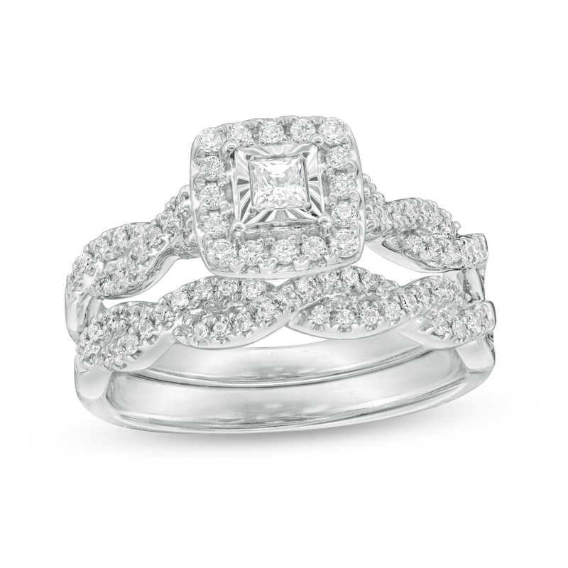 Main Image 1 of Previously Owned - 5/8 CT. T.W. Princess-Cut Diamond Frame Twist Bridal Set in 10K White Gold