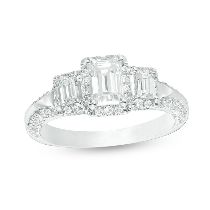 Main Image 1 of Previously Owned - 1-5/8 CT. T.W. Emerald-Cut Diamond Past Present Future® Engagement Ring in 14K White Gold (I/SI2)