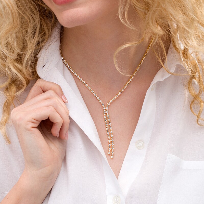 Main Image 2 of Previously Owned - Lab-Created White Sapphire Lariat "Y" Necklace in Sterling Silver with 18K Gold Plate - 26"