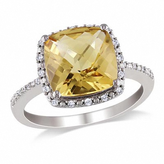 Previously Owned - Cushion-Cut Citrine and 1/10 CT. T.w. Diamond Frame Ring in Sterling Silver