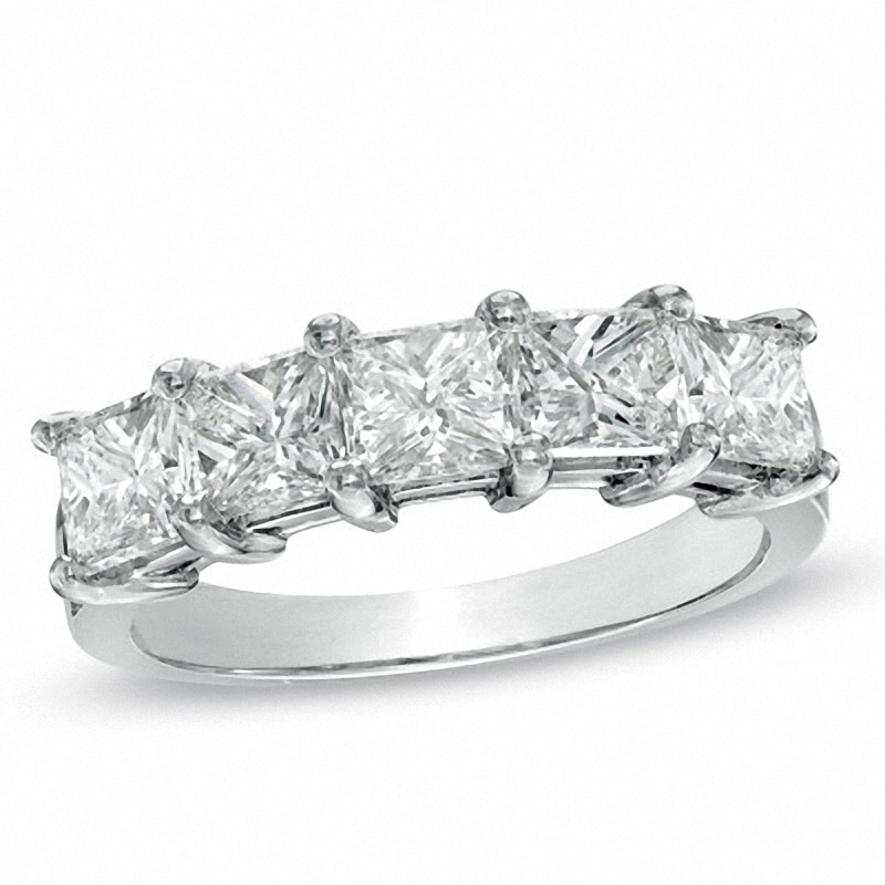 Main Image 1 of Previously Owned - 2 CT. T.W. Princess-Cut Diamond Five Stone Wedding Band in Platinum (H/SI1)
