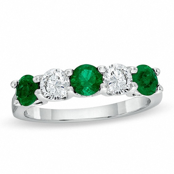 Previously Owned - Emerald and 1/2 CT. T.w. Diamond Wedding Band in 18K White Gold