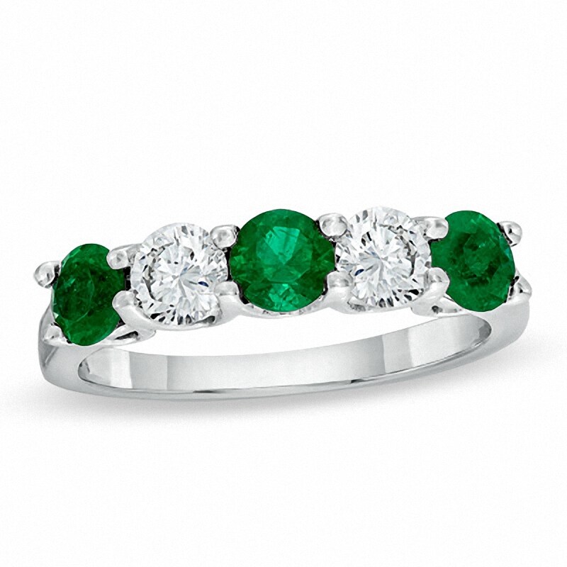 Main Image 1 of Previously Owned - Emerald and 1/2 CT. T.W. Diamond Wedding Band in 18K White Gold