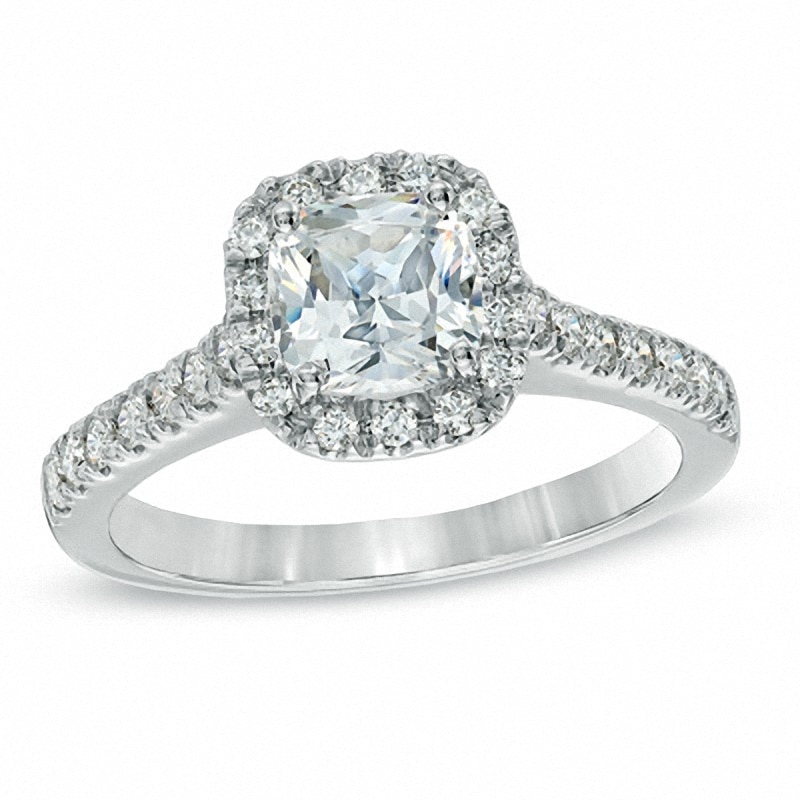 Main Image 1 of Previously Owned - 2 CT. T.W. Cushion-Cut Diamond Frame Engagement Ring in Platinum (H/SI2)