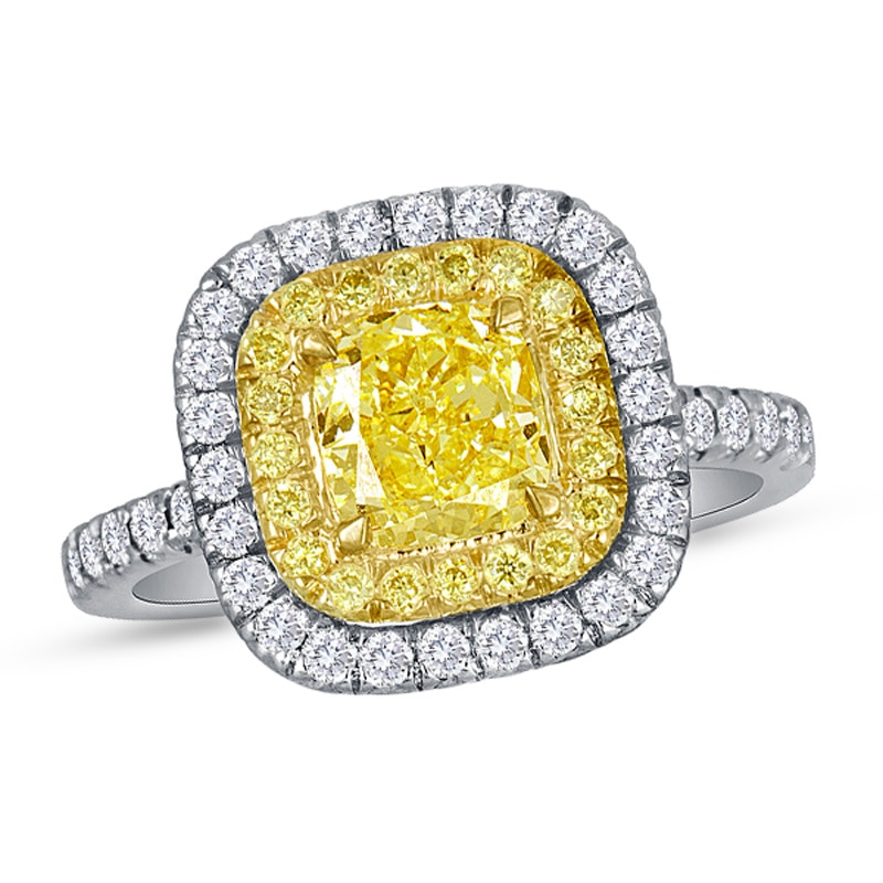 Main Image 1 of Previously Owned - 1 CT. T.W. Yellow Cushion-Cut Diamond Frame Engagement Ring in Platinum and 18K Gold (SI2)