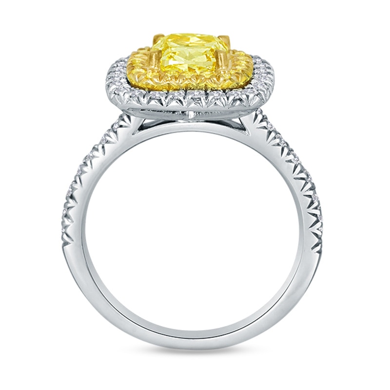 Main Image 2 of Previously Owned - 1 CT. T.W. Yellow Cushion-Cut Diamond Frame Engagement Ring in Platinum and 18K Gold (SI2)
