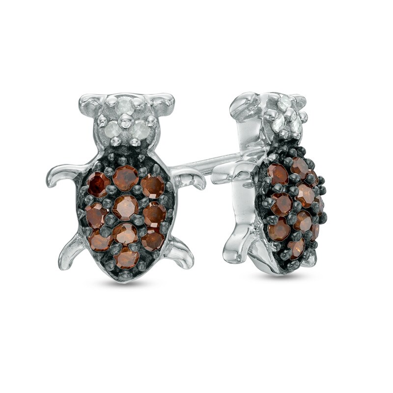 Main Image 1 of Previously Owned - 1/6 CT. T.W. Enhanced Red and White Diamond Ladybug Stud Earrings in Sterling Silver