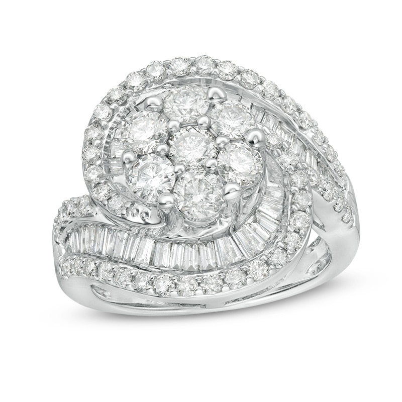 Main Image 1 of Previously Owned - 2-1/2 CT. T.W. Composite Diamond Frame Swirl Bypass Ring in 10K White Gold