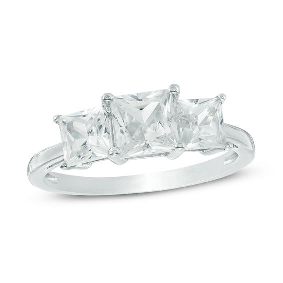 Previously Owned - 5.2mm Princess-Cut Lab-Created White Sapphire Three Stone Ring in 10K White Gold