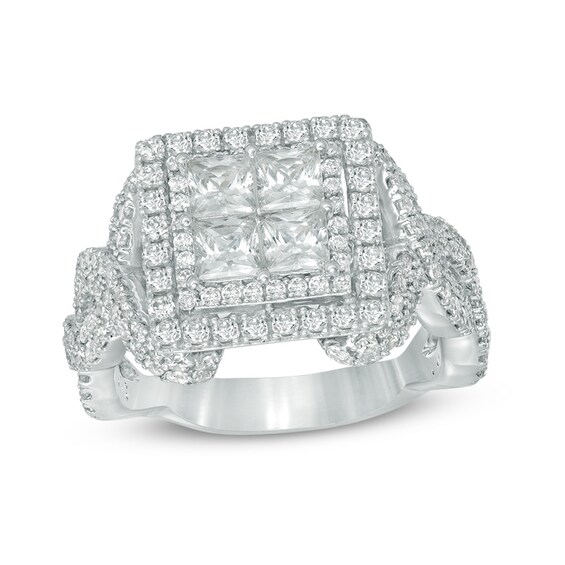 Previously Owned - 2-1/4 CT. T.w. Quad Princess-Cut Diamond Twist Shank Engagement Ring in 14K White Gold
