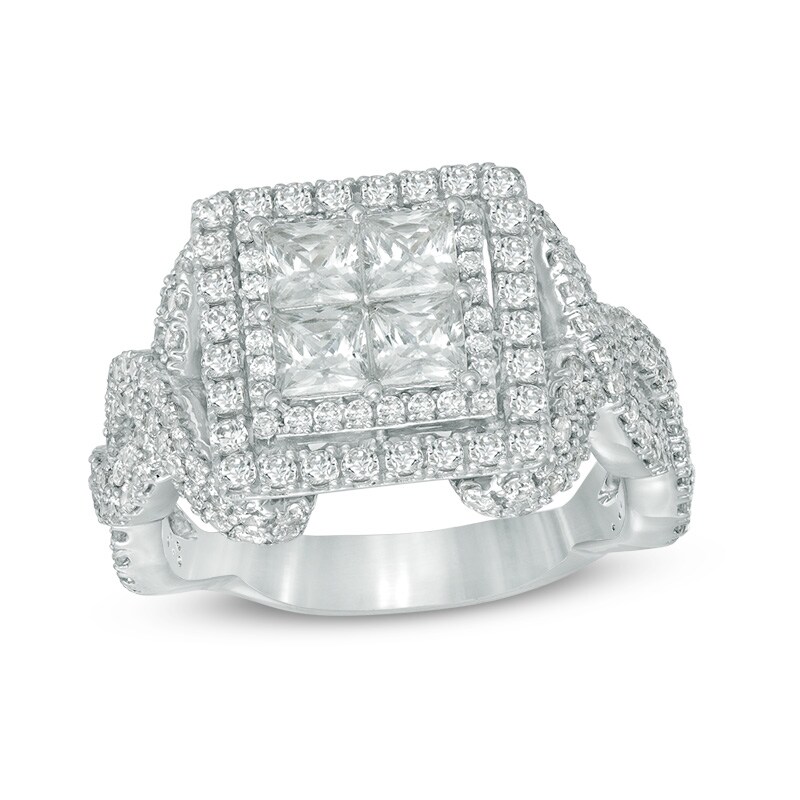Main Image 1 of Previously Owned - 2-1/4 CT. T.W. Quad Princess-Cut Diamond Twist Shank Engagement Ring in 14K White Gold